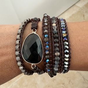 NAKAMOL Faceted Crystal Natural Stones Beads and Leather Mix Wrap Bracelet Black